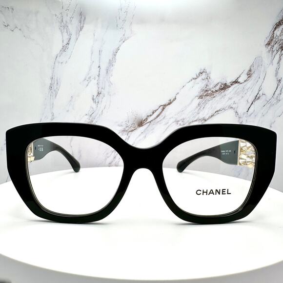 New CHANEL Eyeglasses Black Gold Cat Eye Clear Rotating Pearls 52mm